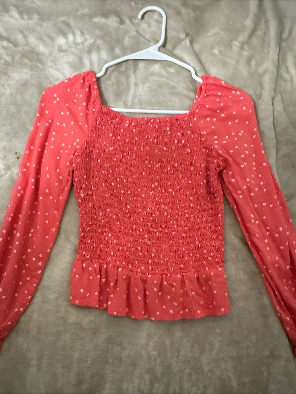 Smocked Coral Pink Long-Sleeve Peplum Blouse